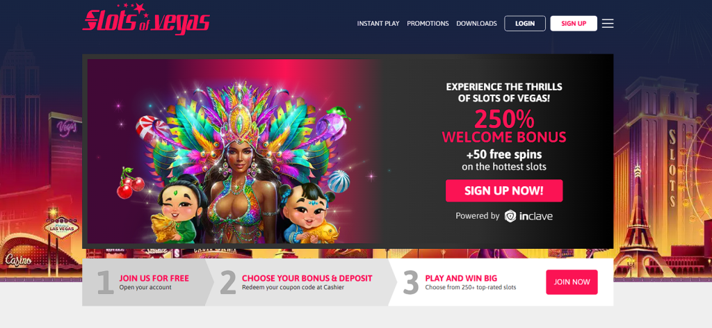 Slots of Vegas online casino displaying a wide variety of slot games, promotions, and an easy-to-use interface.